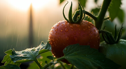 Ripe Tomato Freshly Watered In Morning Light At Home Garden Setting