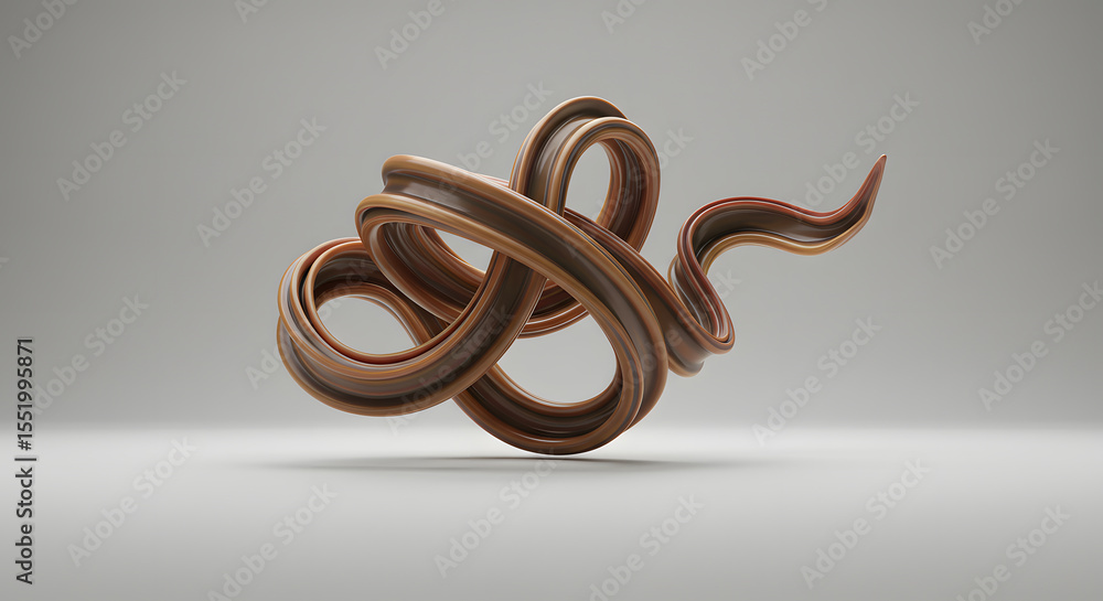 Poster twisted abstract loop ribbon structure brown smooth dynamic swirl shape floating isolated on clean l