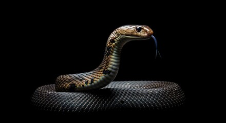 Fototapeta premium Striking cobra portrait with forked tongue against a stark black background