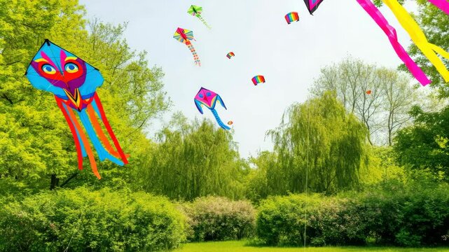 Vibrant kites flying in green park on sunny day