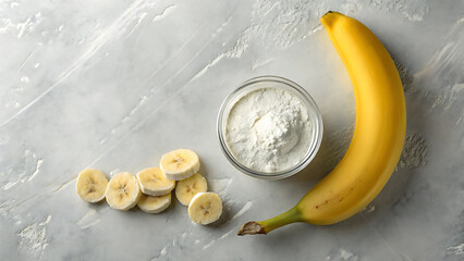 A whole banana and slices next to a bowl of banana powder on a gray background