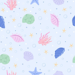 Colourful seashells and starfish seamless pattern. Vector illustration marine life seamless pattern for background, wallpaper, wrapping and textile.