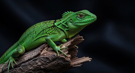 Vibrant Green Lizard Perched on Weathered Wood Against Dark Backdrop
