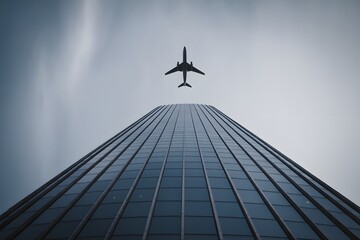Obraz premium Airplane flying over glass skyscraper building aircraft