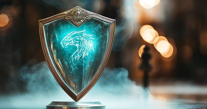 A magical shield with a dragon emblem, surrounded by smoke and light, stands on a pedestal.