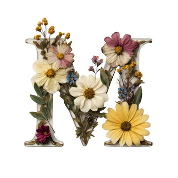 Floral letter m isolated on transparent background