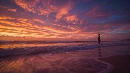 Fototapeta premium A person stands in the ocean waves under a vibrant sunset sky with colorful clouds above them all