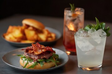Gourmet burger with bacon and cocktails on rustic table