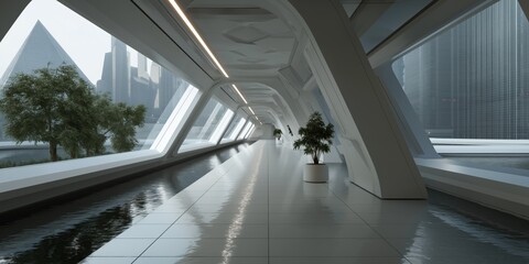 Fototapeta premium Futuristic urban corridor with geometric structures and indoor trees