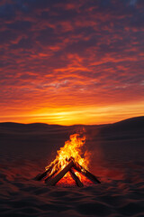 Solitary bonfires flames dance under a deep orange sunset sky casting long shadows on sand