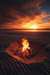 Solitary bonfires flames dance under a deep orange sunset sky casting long shadows on sand