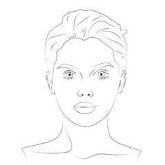 This is a black and white line drawing of a woman's head and upper torso. Her short hair is pulled back, revealing a clear face with distinct eyes, nose, and lips, rendered in a simple, outlined style