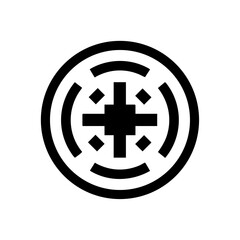 Obraz premium Black vector icon of a metro token with central cross and circular city symbols.