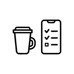 Vector icon of a coffee mug beside a smartphone checklist in modern outline style.

