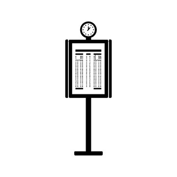 Vector illustration of a bus stop sign with timetable and clock in minimalist black style.

