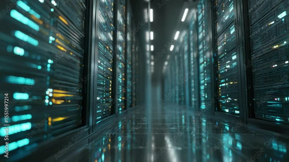 Aufkleber data center perspective: a futuristic corridor of servers glows with cool blue and warm yellow light