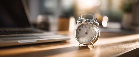 The alarm clock signaling moments of productivity in a modern workspace.