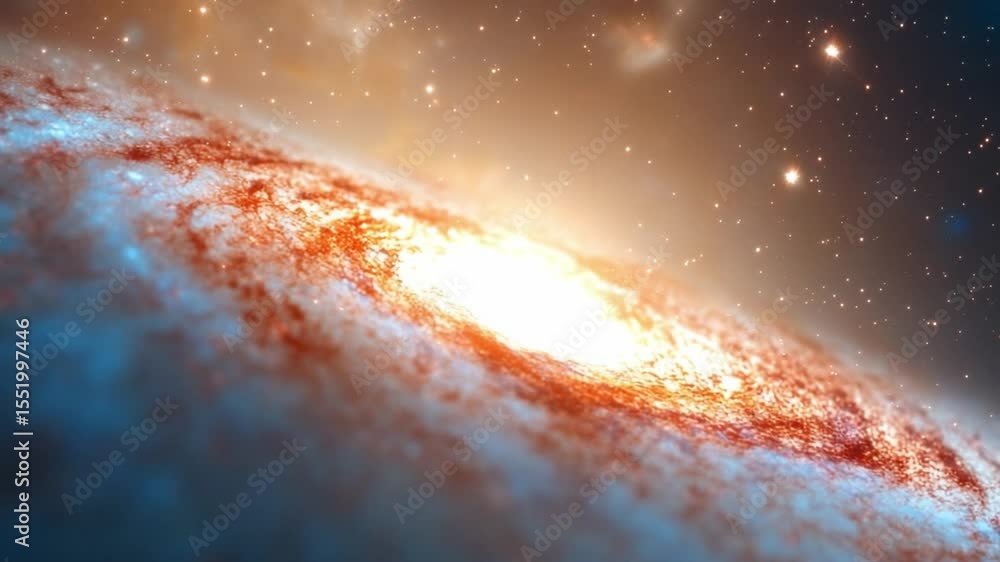 Poster cosmic inferno: a vibrant image depicting a stunning spiral galaxy with a bright, fiery core, surrou