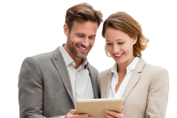 Happy business partners collaborating on a tablet.