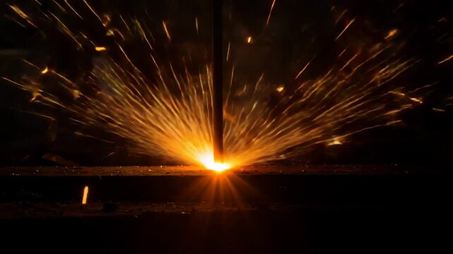 Bright welding sparks flying in dark workshop