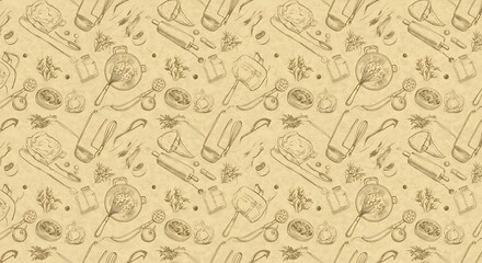 Hand-Drawn Kitchen Utensil and Herb Seamless Pattern