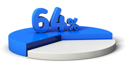 64% blue and white pie chart isolated on transparent background. 3d illustration.