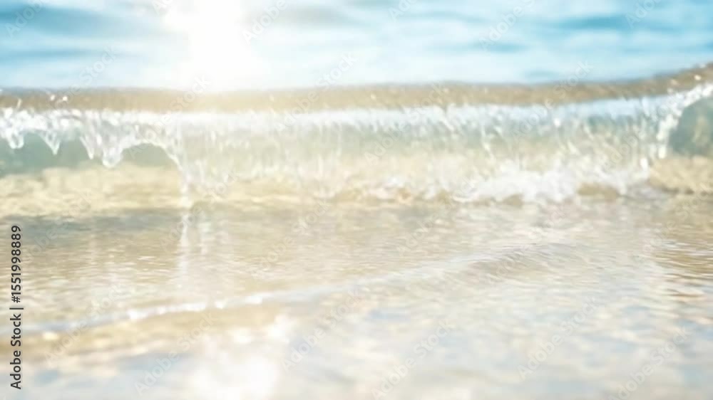 Poster ocean wave at sunrise: sunlight glistens on the surface of a gently crashing ocean wave, creating a 
