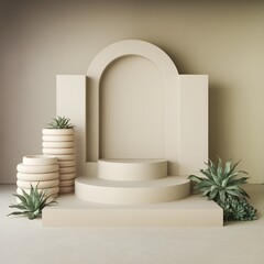 3d display product beige minimal scene with geometric podium platform. cylinder background vector 3d rendering with podium. stand for cosmetic products. Stage showcase on pedestal 3d beige studio