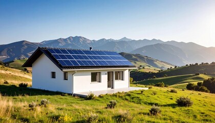 Obraz premium Modern home with solar panels on the roof situated in a beautiful green landscape with rolling hills and mountains in the background