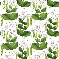Seamless pattern green pea pods and leaves