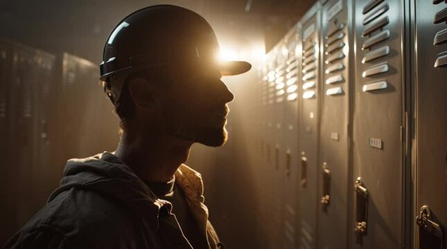 Shadowed Contemplation: A worker in a helmet pauses by a row of lockers, enveloped in dramatic light, symbolizing quiet introspection within the demanding world of labor. 