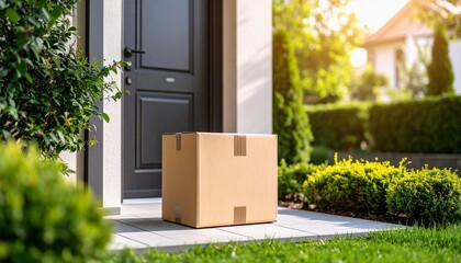 Cardboard parcel waiting on the doorstep of a suburban house during the day