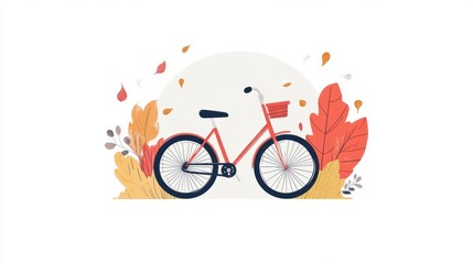Red Bicycle with Front Basket Surrounded by Autumnal Leaves on White