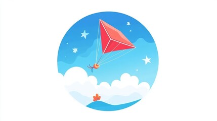 Kite Soaring in a Blue Sky with Clouds and Stars Background