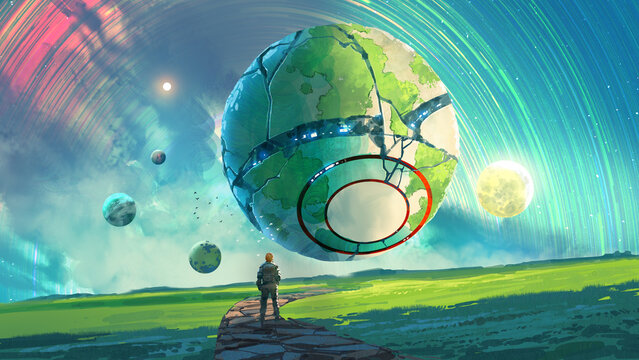 Fototapeta A lone traveler walks along a path toward a massive floating cracked planet surrounded by vibrant colors and smaller celestial bodies, digital art style, illustration painting