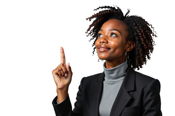 A portrait of a young African American woman experiencing a “eureka moment” against a clean, isolated background.