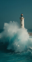 Powerful waves crash against a historic lighthouse during a dramatic coastal scene at dusk