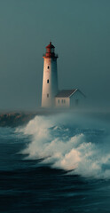 Lighthouse stands resilient against crashing waves in foggy coastal setting at dawn
