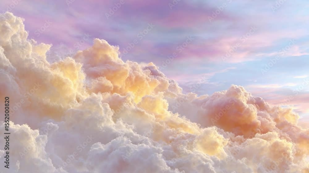Poster skyward serenity: a breathtaking scene of fluffy clouds painted with the warm hues of dawn or dusk. 