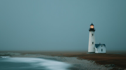 Foggy coastal view with lighthouse illuminating the shore at dusk