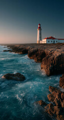 Lighthouse stands tall against crashing waves at coastal sunset near rocky shore