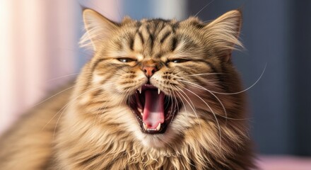 Close up of a fluffy ginger and brown tabby cat yawning widely showing sharp teeth and pink tongue in bright sunlight