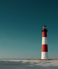Tall lighthouse stands on a sandy shore under a clear blue sky during daytime