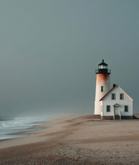 Coastal lighthouse stands alone on deserted beach under overcast sky near the ocean