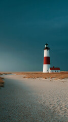 Lighthouse stands tall against a dramatic sky near a sandy pathway at dusk