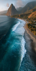Majestic coastal view featuring turquoise waves and rugged cliffs at sunset