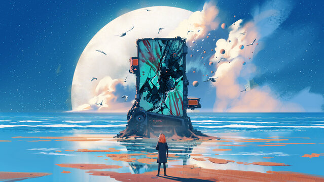Fototapeta A mysterious, damaged machine stands upright on a surreal beach, evoking questions of origin, purpose, and abandonment.  , digital art style, illustration painting