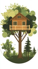 Charming treehouse illustration among lush trees.