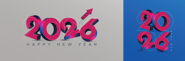 Bold 3D numbers in vibrant pink and blue display “2026” with a modern design style on dual backgrounds. Includes festive elements like a rocket, symbolizing celebration and New Year excitement