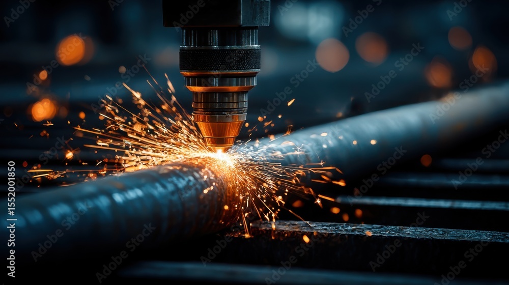 Poster laser cutting process generates bright sparks while working on a metal pipe in an industrial setting